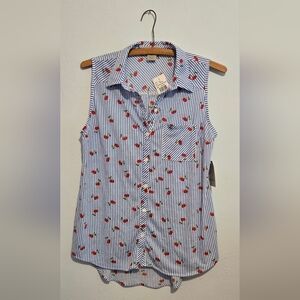 Blue and White Striped Sleeveless Top with Red Cherries